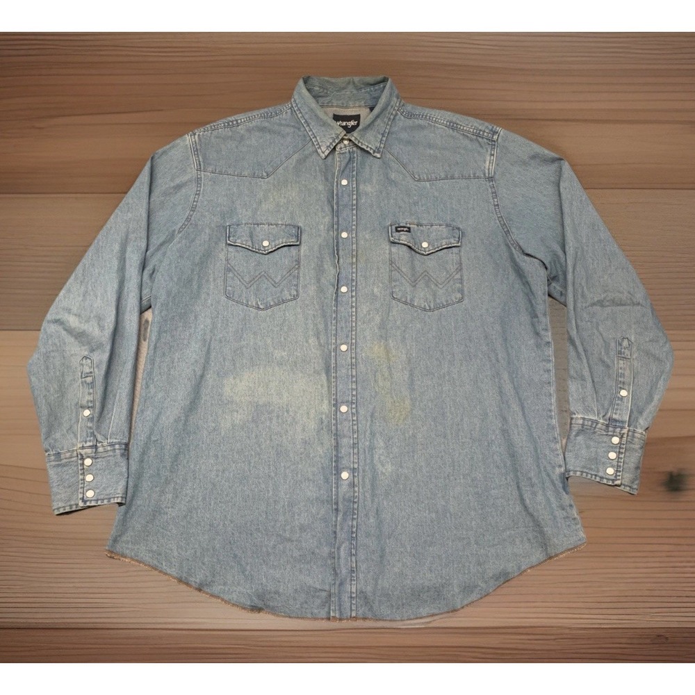 VTG Wrangler Heavy Denim Pearl Snap Western Shirt LS Distressed Cowboy Rodeo 2XL